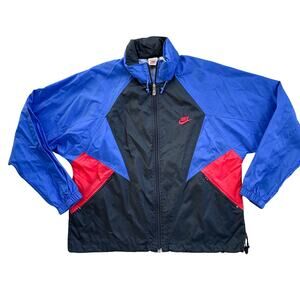 Vtg 1990s Rare NIKE Spell Out Swoosh Colorblock Full Zip Windbreaker Jacket L